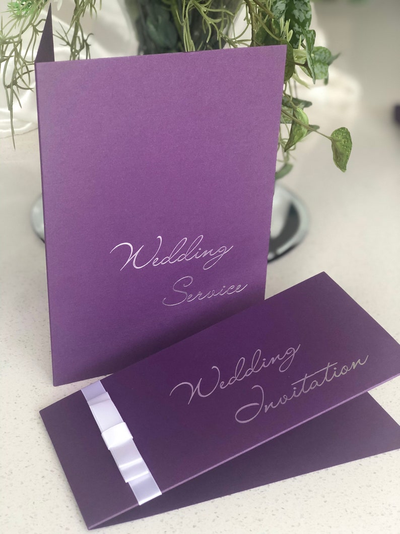 Wedding Invitation Pocket Covers Purple with Silver foil wording DIY or complete Pearlised cards covers image 4