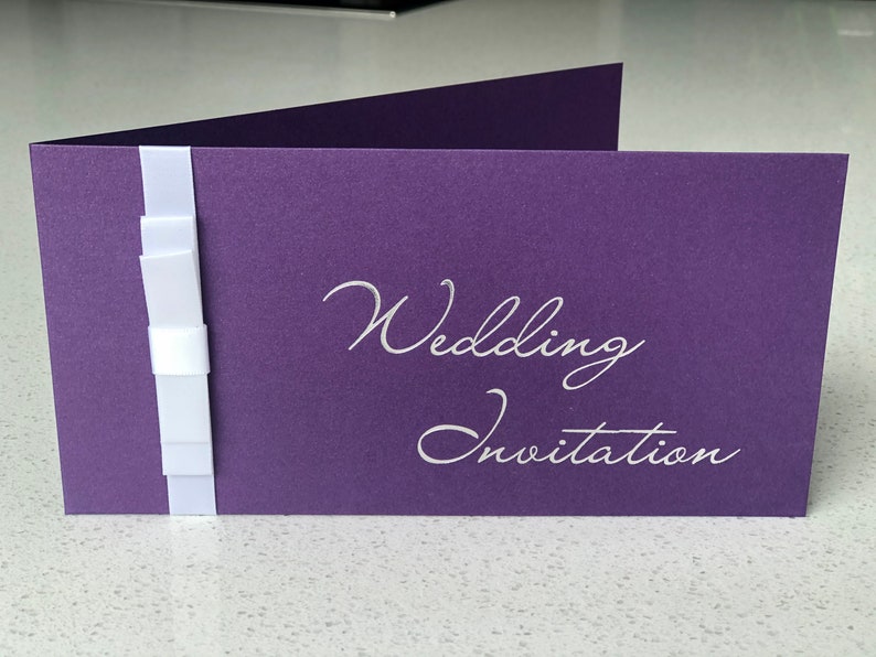 Wedding Invitation Pocket Covers Purple with Silver foil wording DIY or complete Pearlised cards covers image 1