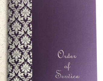 Wedding Order of Service Covers Purple with Silver pattern pre foil & wording DIY covers for you to add your own inserts (A4 folded)