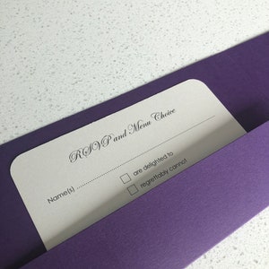 Wedding Invitation Pocket Covers Purple with Silver foil wording DIY or complete Pearlised cards covers image 6