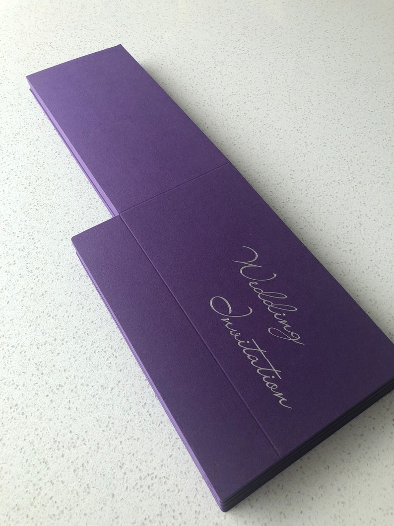 Wedding Invitation Pocket Covers Purple with Silver foil wording DIY or complete Pearlised cards covers image 5
