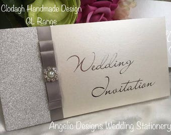 Silver Glitter DL Foiled Handmade Wedding Invitation with Dior Bow Also available in other colours inc. Rose Gold Glitter
