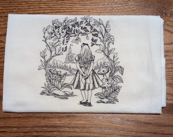 Alice in Wonderland Cheshire Cat Kitchen Tea Towel Machine Embroidered Flour Sack Dish Towels