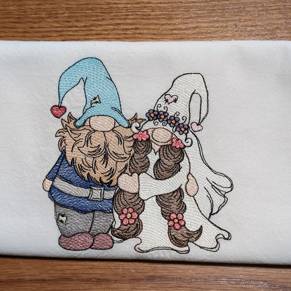 Gnome Wedding Couple Bride and Groom Kitchen Flour Sack Dish Towel Machine Embroidered Tea Towels