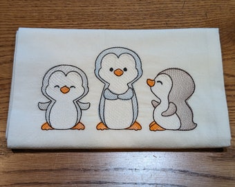 Penguin Trio Kitchen Flour Sack Dish Towel Machine Embroidered Tea Towels