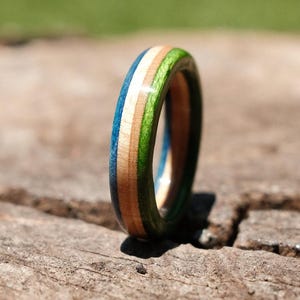 Slim Recycled Skateboard Ring – Handmade Green & Blue Wood Ring – Eco-Friendly Sustainable Jewelry
