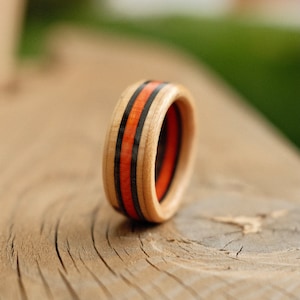 Recycled Skateboard Ring | Handmade Wooden Band in Black & Orange | Eco-Friendly Gift for Him | Skater Jewelry
