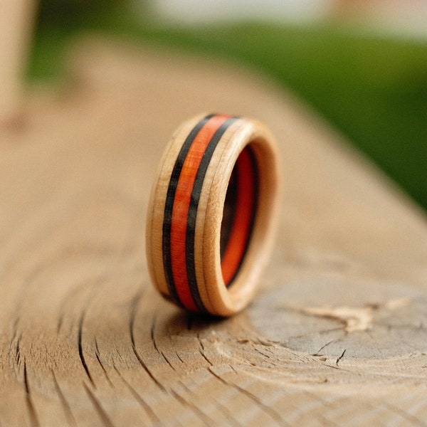Recycled Skateboard Ring | Handmade Wooden Band in Black & Orange | Eco-Friendly Gift for Him | Skater Jewelry