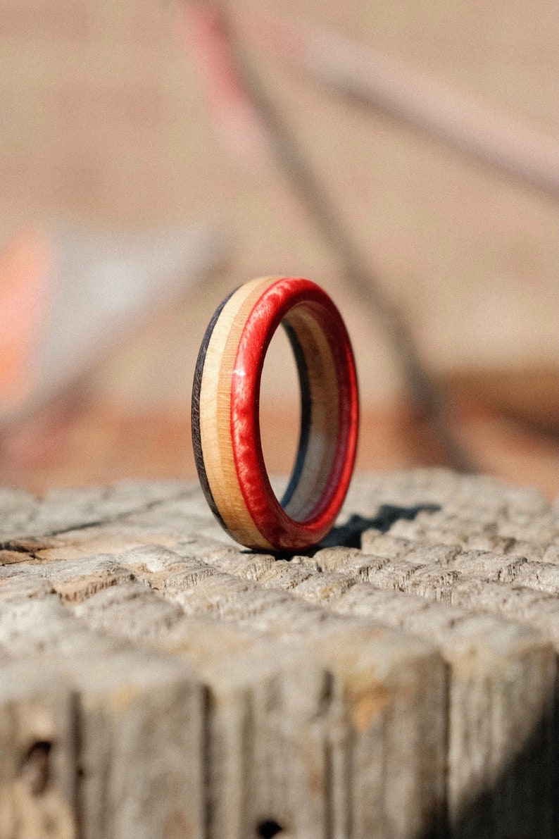 Recycled Skateboard Ring Slim Red & Black image 1