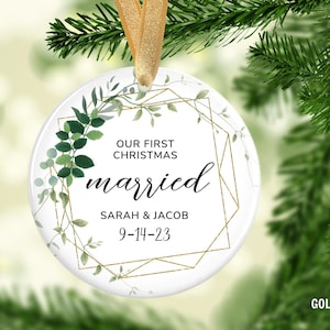 Personalized Our First Christmas Married Ornament 2023 - Wedding Christmas Ornament - Personalized Greenery Our First Christmas Married Gift