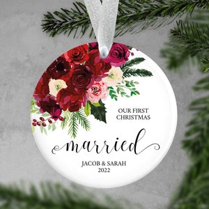 Personalized Our First Christmas Married Ornament - Rose Floral Married Christmas Ornament - SKS