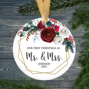 Personalized First Christmas as Mr. and Mrs. Ornament - Just Married Christmas Ornament - Floral Christmas Ornament - GKG