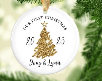 Our First Christmas Ornaments Wedding 2023 - Couple Ornaments - First Married Ornament - Golden Custom Christmas Tree Ornament for Couples