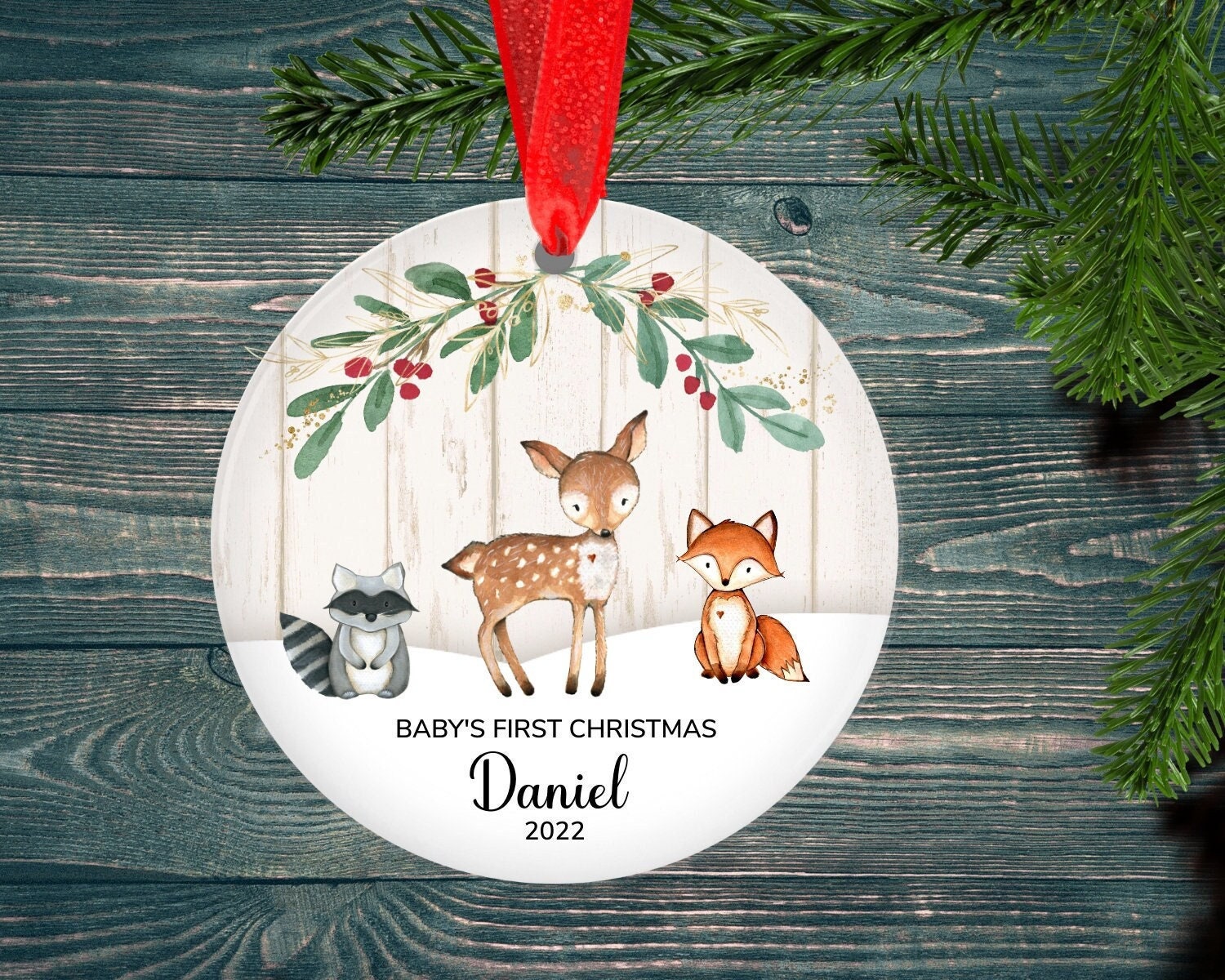 Personalized Woodland 2022 Baby Ornament - Baby's First Christmas Ornament