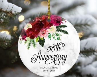 Personalized 50th Anniversary Ornament – Golden Wedding Gift – Burgundy Floral Christmas Ornament – Elegant Keepsake for Parents or Couple