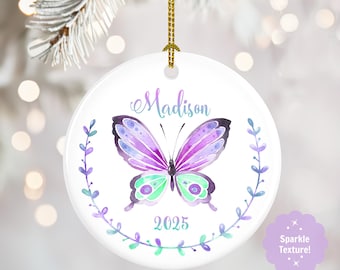Personalized Butterfly Christmas Ornament - Custom Name & Year Ceramic Keepsake - Butterfly Ornament for Girls - Gift for Daughter