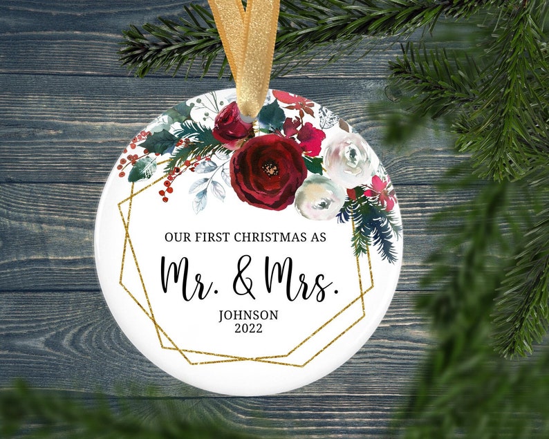 Personalized First Christmas as Mr. and Mrs. Ornament - Just Married Christmas Ornament - Floral Christmas Ornament - GKG 