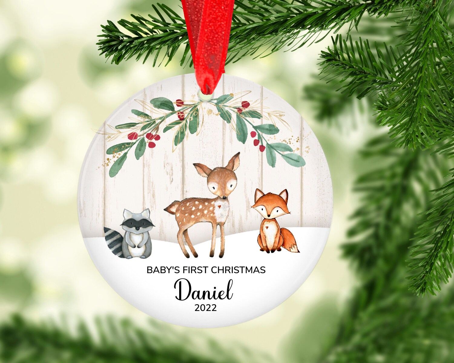 Personalized Woodland 2022 Baby Ornament - Baby's First Christmas Ornament