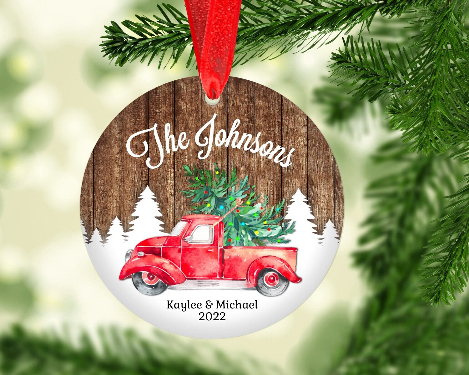 Midwest CBK Red Pickup Truck with Christmas Tree Holiday Ornament 