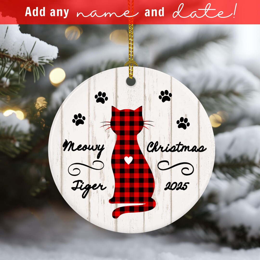 Meowy Christmas Cat Ornament – Personalized Buffalo Plaid Cat Ornament ...