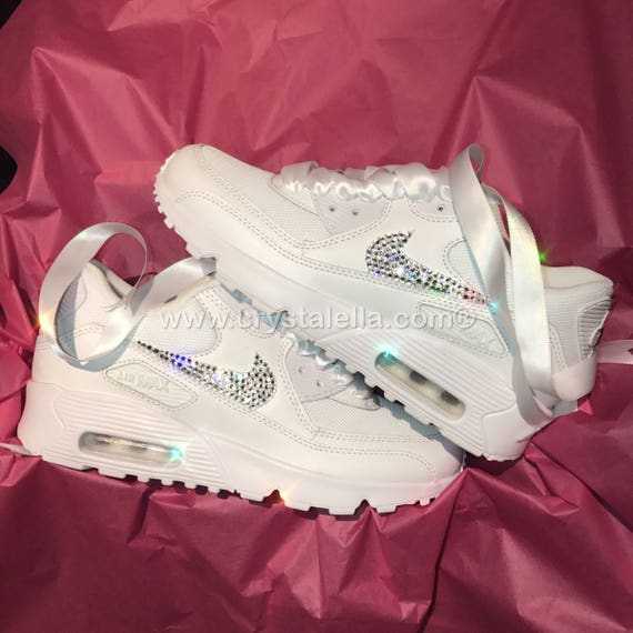 nike air max 90's in white with swarovski silver crystals