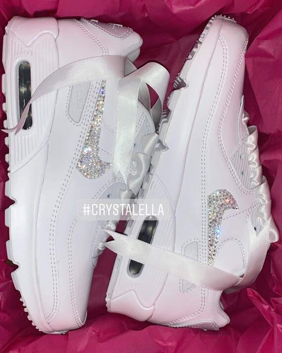 nike air max 90's in white with swarovski silver crystals