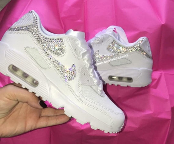 Nike Air Max 90 in White Wedding Trainers With Crystals Custom Made -  Crystalella