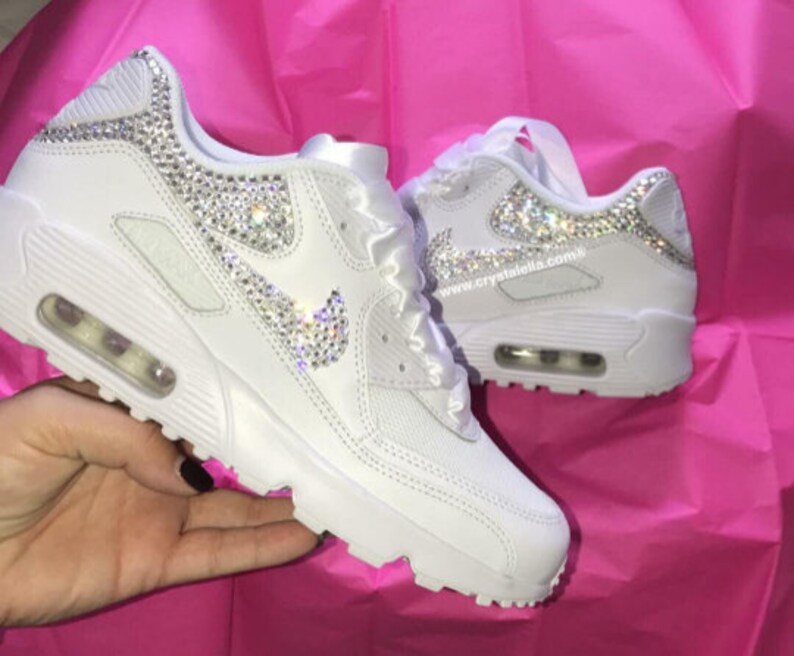 nike air max 90's in white with swarovski silver crystals