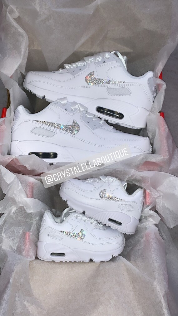 nike air max 90's in white with swarovski silver crystals