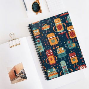 Cuaderno espiral - Línea reglada / Cuaderno Robo-Fun - Diseño de robots de dibujos animados caprichosos, cuaderno para la escuela, regalo para él, diario, diario