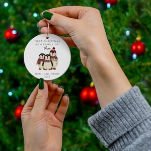 Custom Ornament - First Christmas as a Family of 3 - Penguins