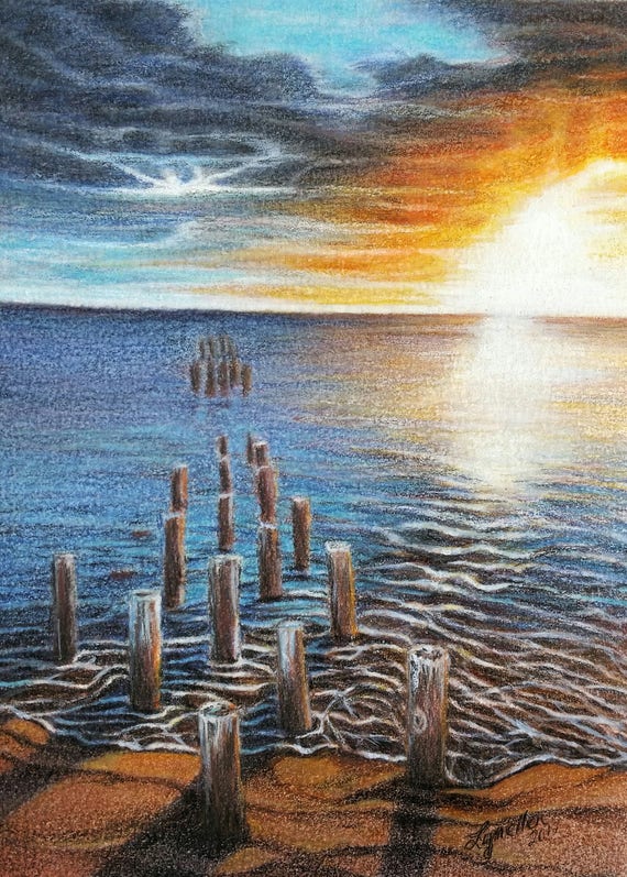 Beach Sunset Drawing Color Pencil