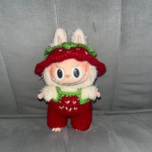 Handmade crochet Strawberry outfit for Labubu (Hat and overalls)