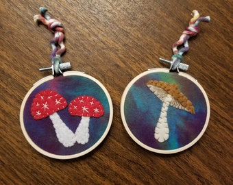 Mushroom Holiday Ornament Set - Handmade, Handstitched Felt Folk Art Wild Mushrooms on Upcycled Tie Dyed Flannel! Perfect for gifting!