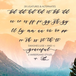 May include: A graphic design image showing 28 ligatures and alternates for a cursive font. The image shows the letters 'bd', 'dd', 'hd', 'kd', 'it', 'bb', 'dd', 'ee', 'er', 'es', 'ff', 'fi', 'gg', 'gh', 'gy', 'll', 'by', 'mm', 'nn', 'oo', 'or', 'pp', 'rr', 'sh', 'ss', 'st', 'th', 'tt'. The image also shows two ampersand styles and the word 'graceful' written in the cursive font.