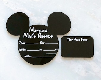 Custom Name Mickey Baby Announcement Birth Stats Sign w/ Pixie Dust, Disney Inspired Newborn Photo Prop, Acrylic Birth Stat, Christmas Gift