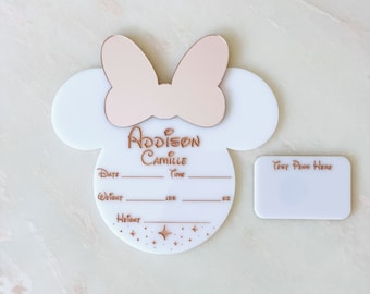 Personalized Minnie Mouse Birth Announcement Sign, Disney Inspired Engraved Newborn Photo Prop