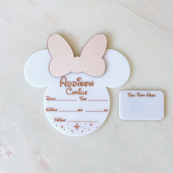 Faire-part de naissance Minnie Mouse personnalisé avec poussière de lutin, accessoire photo nouveau-né d'inspiration Disney gravé personnalisé, cadeau de baby shower