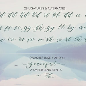 Peut inclure: Un graphique montrant 28 ligatures et variantes pour une police cursive. Les ligatures comprennent des combinaisons telles que "bd", "dd", "hd", "kd", "it", "bb", "dd", "ee", "er", "es", "ff", "fi", "gg", "gh", "gy", "ll", "ly", "mm", "nn", "oo", "or", "pp", "rr", "sh", "ss", "st", "th", et "tt". Le graphique montre &eacute;galement deux styles d'esperluette.
