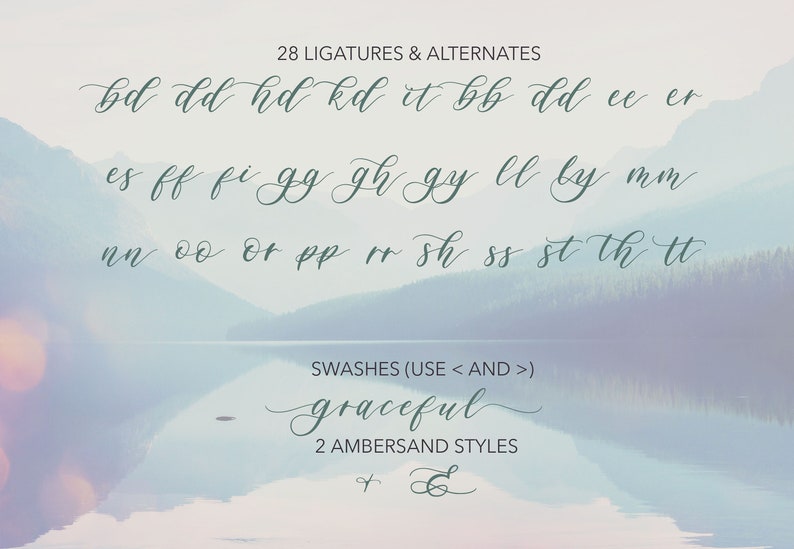 Peut inclure: Un graphique montrant 28 ligatures et variantes pour une police cursive. Les ligatures comprennent des combinaisons telles que "bd", "dd", "hd", "kd", "it", "bb", "dd", "ee", "er", "es", "ff", "fi", "gg", "gh", "gy", "ll", "ly", "mm", "nn", "oo", "or", "pp", "rr", "sh", "ss", "st", "th", et "tt". Le graphique montre &eacute;galement deux styles d'esperluette.