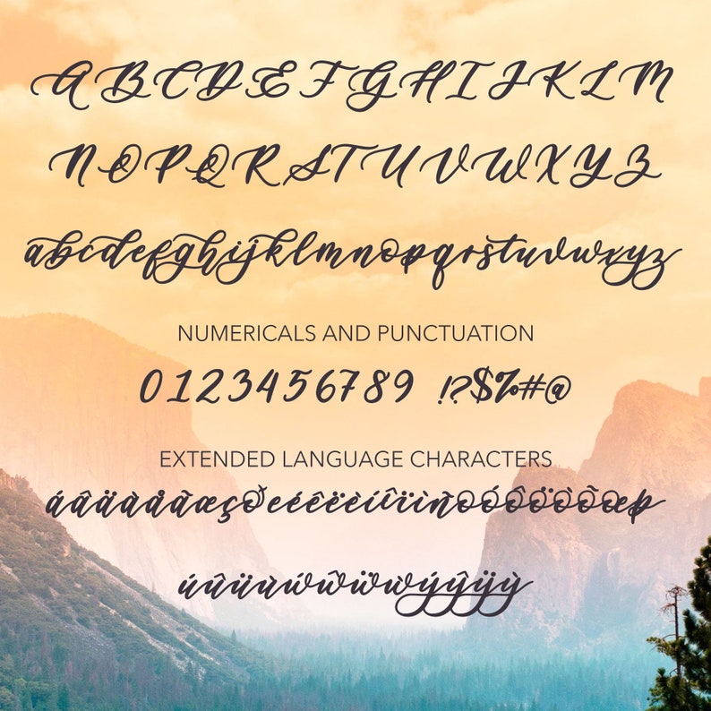 May include: A font alphabet chart with uppercase and lowercase letters, numbers, punctuation marks, and extended language characters. The font is a cursive script style with a dark brown color. The background is a blurred image of a mountain range with a sunset sky.