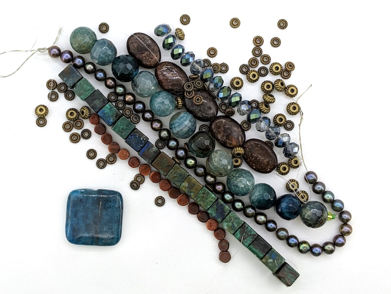 chrysocolla agate bead soup freshwater pearls Neon Blue Apatite focal DIY necklace jewelry kit over 28 inches of beads bronzite