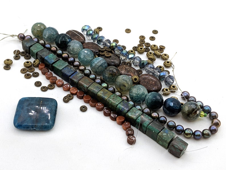 chrysocolla agate bead soup freshwater pearls Neon Blue Apatite focal DIY necklace jewelry kit over 28 inches of beads bronzite