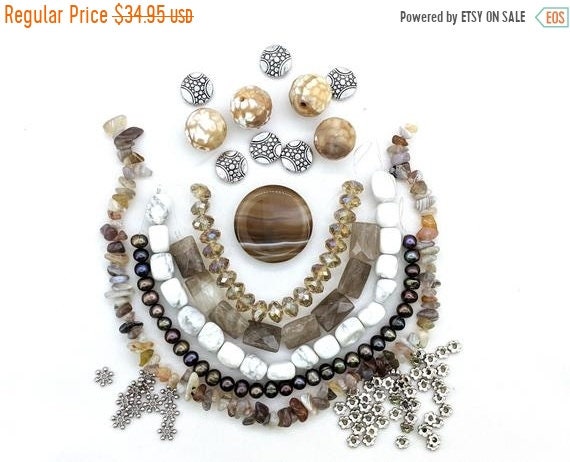 ON SALE Brown banded Agate focal DIY necklace jewelry kit - over 33 inches of beads - howlite, botswana agate, smoky, freshwater pearls bead