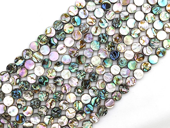 Paua Abalone shell 10mm coin beads 7" or 15.5" strand - itty bitty bead bus - blue abalone paua natural shell bead