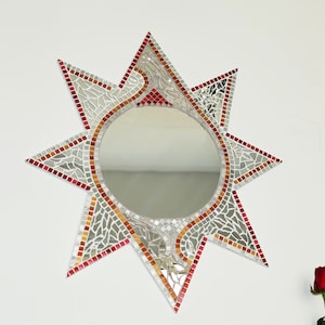 Round Mirror on Star Base with Glass Mosaic, Handcrafted Unique Home Decor Accent H009