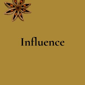 Può includere: Illustrazione di anice stellato su sfondo marrone dorato. L'anice stellato è marrone con accenti arancioni. La parola "Influence" è scritta in nero, centrata sotto l'anice stellato.