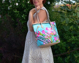 Turquoise Bag, Animal Print and Flowers Tote, Awesome Gift for Women of Any Age, Designer Inspired, Kate Elkind