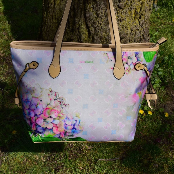 Roze Pastel Hortensia Tas voor Romantische Zielen, Summer Tote, Designer Inspired, Neverfull, Kate Elkind