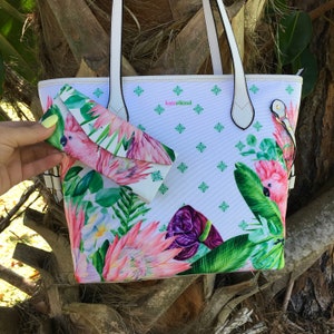Tropical Vibe Bag, Pink Parrot, Protea Flowers, Tropical Leaves Summer Bag, Vacation Bag, Designer Inspired, Kate Elkind
